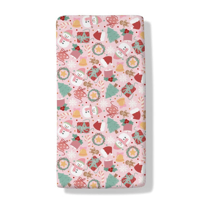 Cstdyfrv Pink Snowman Baby Crib Sheets Santa Hat Christmas Tree Candy Gift Baby Sheet Winter Holiday Festive Fitted