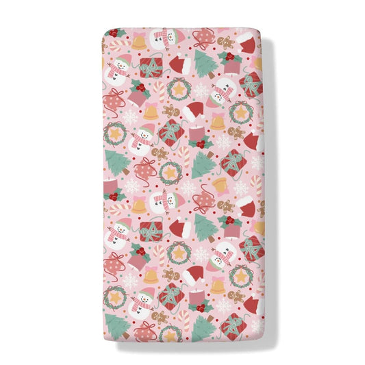 Cstdyfrv Pink Snowman Baby Crib Sheets Santa Hat Christmas Tree Candy Gift Baby Sheet Winter Holiday Festive Fitted