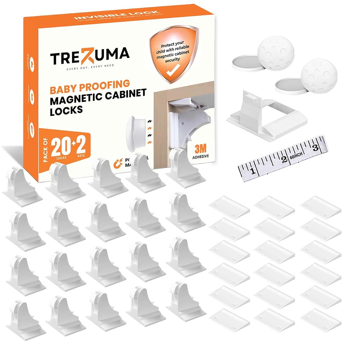 Trezuma 20 Pack Magnetic Cabinet Locks Baby Proofing Kit