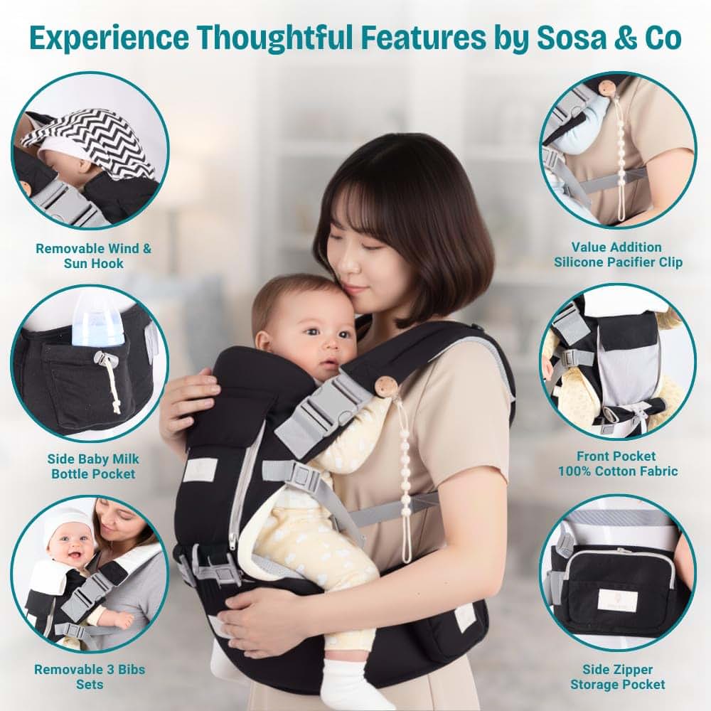 SOSA & CO 6 in 1 Ergonomic Baby Carrier with Hip Seat - Newborn to Toddler - Black (photo 3)
