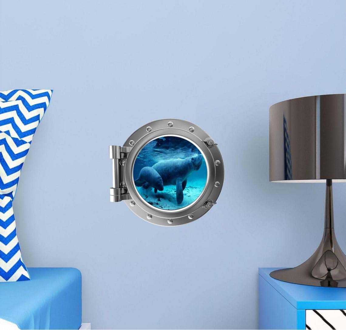 BabyOneStop Porthole Window Manatee Cub Wall Decal 12 Inch Removable Fabric Vinyl