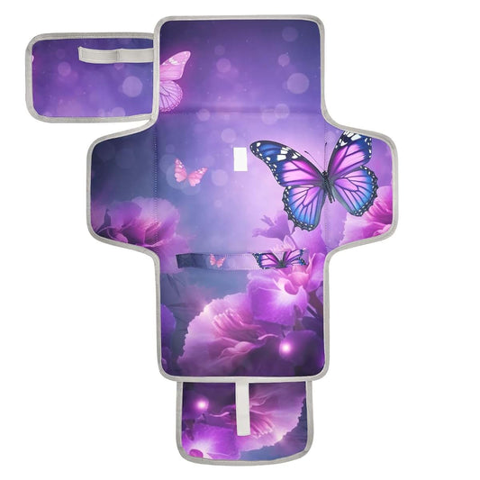 BabyOneStop Portable Changing Pad for Baby Purple Butterfly Waterproof Travel Mat with Built-in Pillow
