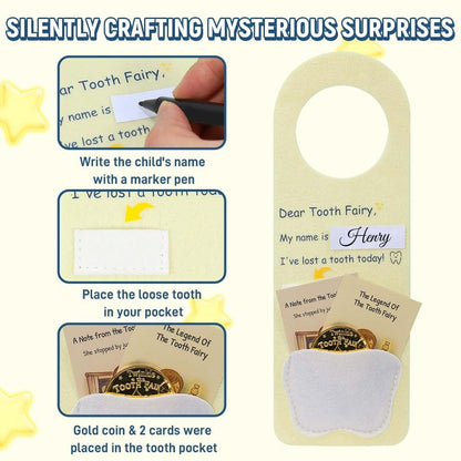 BabyOneStop Tooth Fairy Door Hanger Set with Personalized Name Tag and Storage Pockets