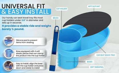 MommyMob Kids Travel Tray Kit - 360° Rotatable Cup Holder Tray for Car Seat, Stroller, Booster (Blue)