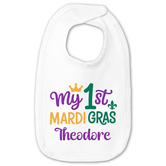Smiling Jindo Personalized Baby Bib – My First Mardi Gras, Custom Name Infant Bib, Premium Cotton Jersey