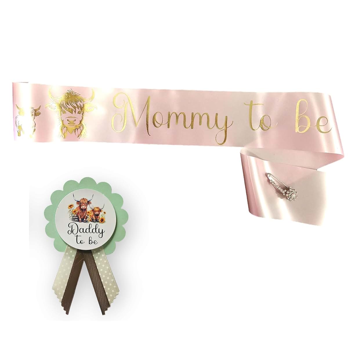 Amy's Bubbling Boutique Highland Cow Baby Shower Mommy Daddy Sash Pins
