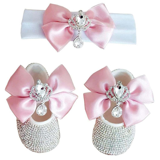 Oren Turkey Bling Rhinestone New Born Baby Girl Shoes and Headband, Luxury Baby Gift Set Cream