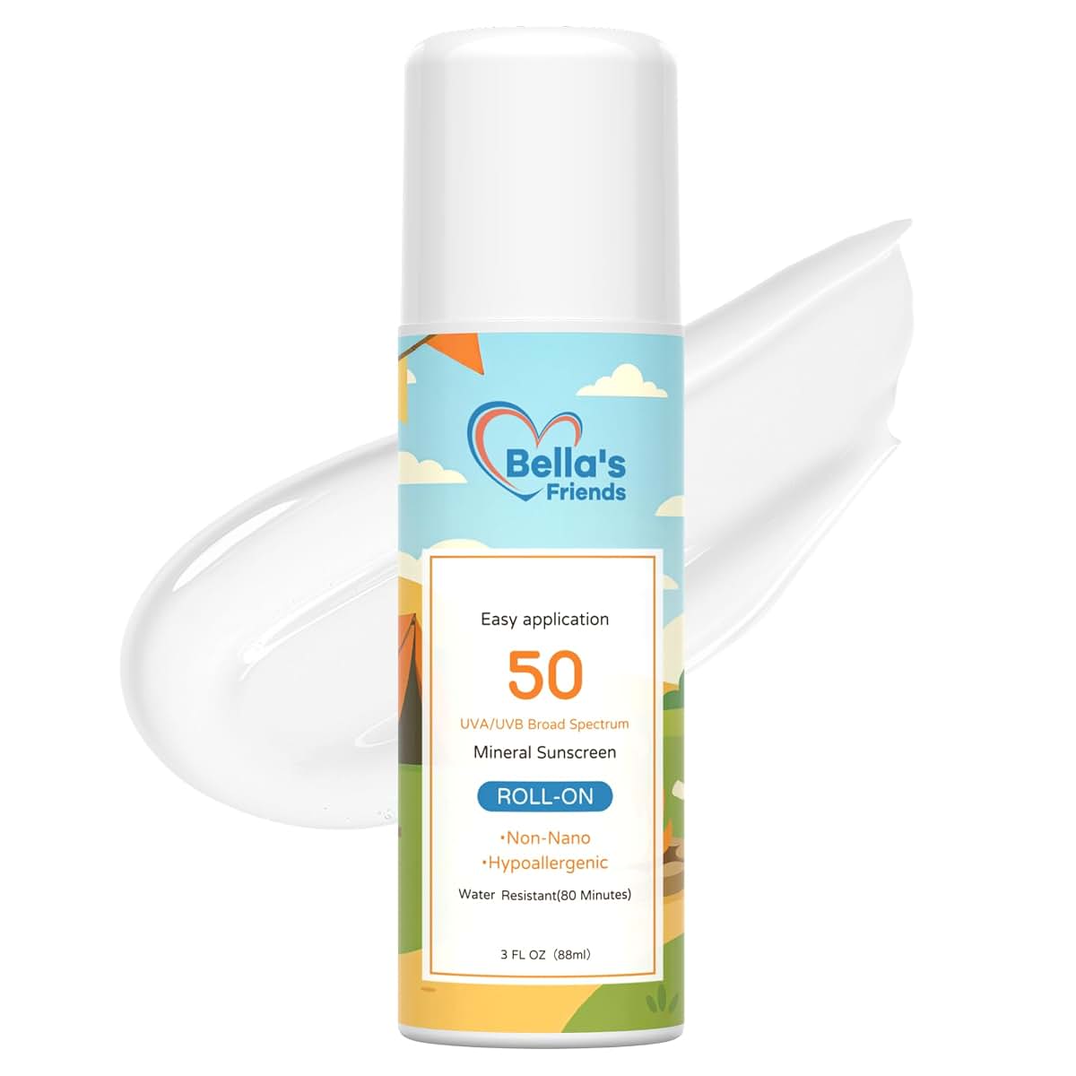 Bella's Friends Life Kids Roll-On Mineral Sunscreen SPF 50 for Face & Body, Natural Sunscreen Lotion Applicator, Travel