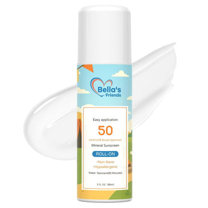 Bella's Friends Life Kids Roll-On Mineral Sunscreen SPF 50 for Face & Body, Natural Sunscreen Lotion Applicator, Travel