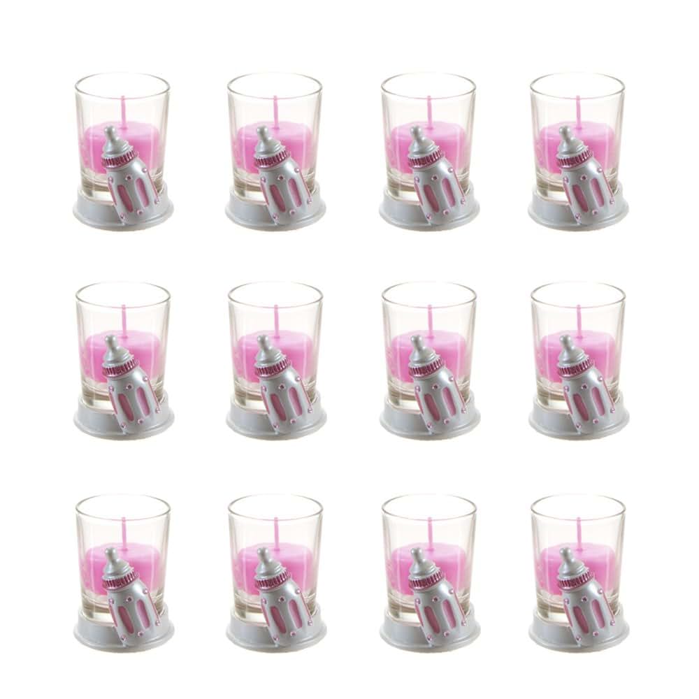 Lunaura Baby Keepsake - Set of 12 Girl Baby Bottle Glass Votive Candle Set Favors - Pink