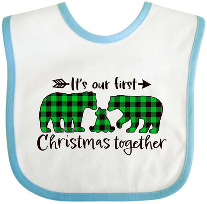 Inktastic It's Our First Christmas Together Baby Bib with Plaid Bear Family