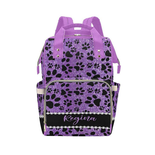 NZOOHY Dog Paw Purple Glitter Print Personalized Diaper Bag Backpack,Custom Name Diaper Backpack Baby Nappy Bag Mommy