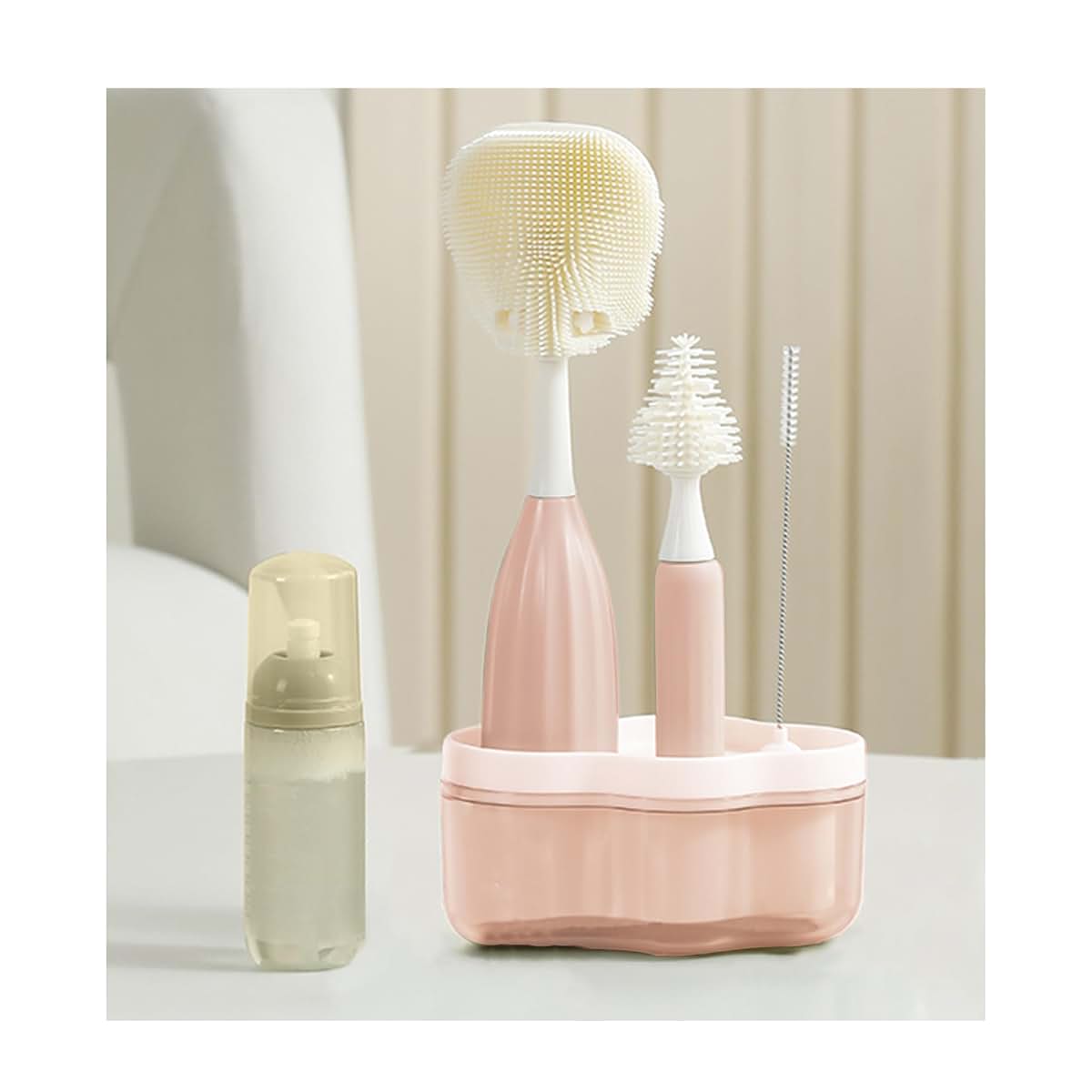 biqin Baby Bottle Brush Kit with Push-Press Foam and Drying Rack, Pink