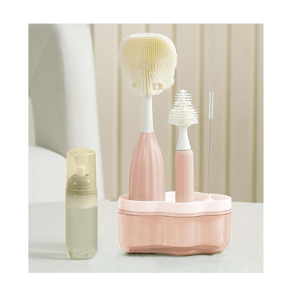 biqin Baby Bottle Brush Kit with Push-Press Foam and Drying Rack, Pink