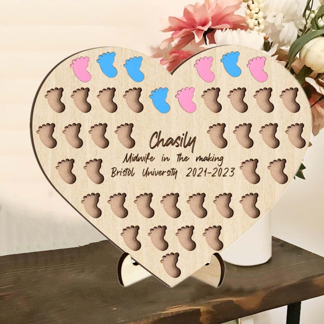 Condlin Personalised Student Midwife Birth Counter Sign with 50 Baby/Feet/Heart/Spaces Custom Name Degree Midwife Catch (photo 2)