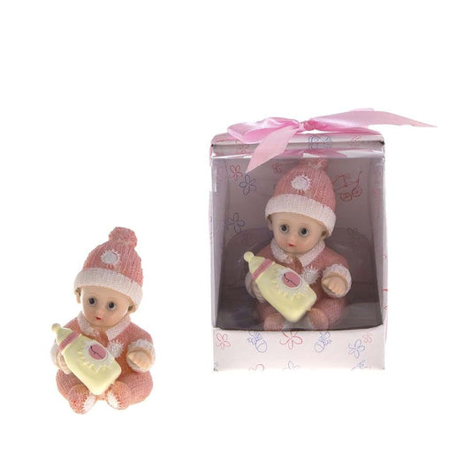 Lunaura Baby Keepsake - Set of 12 "Girl" Baby in Winter Clothes Holding a Bottle Favors - Pink