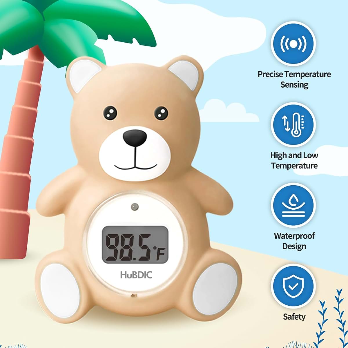 HubiBaby Baby Bath Thermometer & Digital Room Thermometer Floating Teddy Bear Khaki