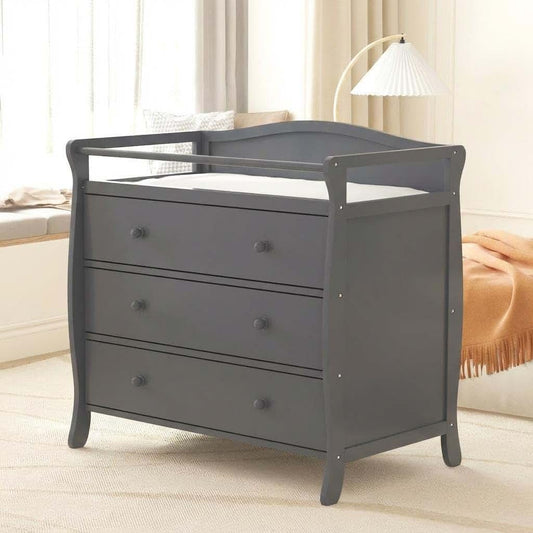 LEISULIF Wooden Diaper Changing Table with 3 Drawers, Baby Changing Station with Safety Rail, Modern Infant Nursing