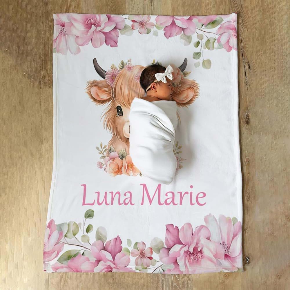 L&NG Personalized Baby Blanket for Boys, Highland Cow Floral Farm Custom Baby Girl Personalized Name Blankets, Blanket (photo 2)