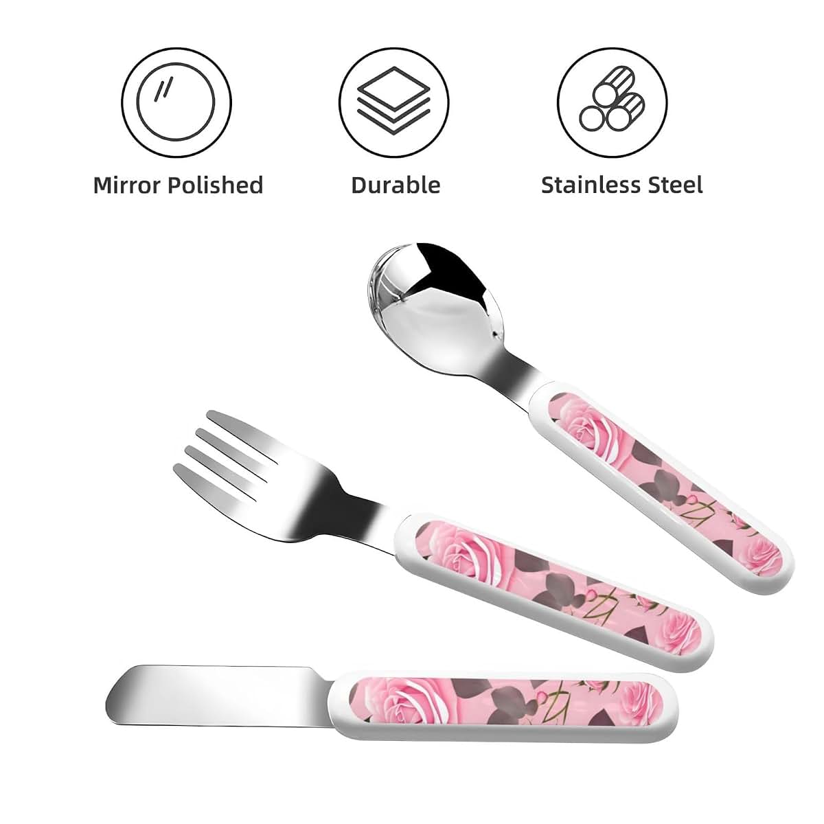 ZZYYDS Pretty Pink Roses Children's Three-Piece Knife, Fork and Spoon Set with Portable Box