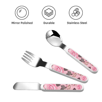 ZZYYDS Pretty Pink Roses Children's Three-Piece Knife, Fork and Spoon Set with Portable Box