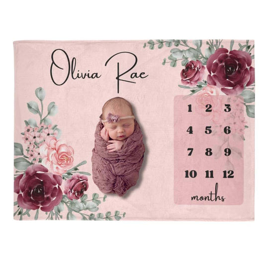 Zebra88 Personalized Monthly Baby Milestone Blanket With Floral Rose Design