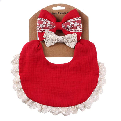 Surakey Baby Bibs Drool Teething Headband Set 4-Layer Organic Cotton Lace Waterproof For Girls