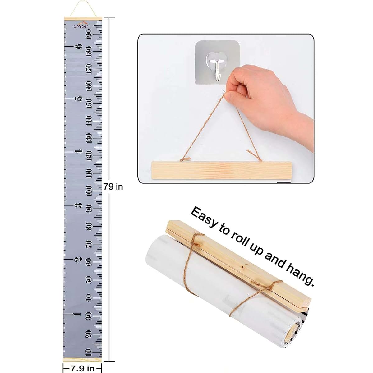 Smlper Growth Chart for Kids, Canvas and Pine Height Ruler for Wall, 79 Inch Removable Nursery Decor