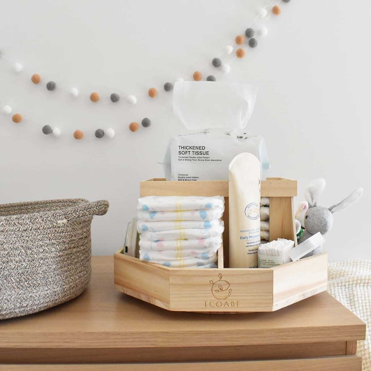 ECOADE Wooden Diaper Caddy Organizer - 360 Degrees Rotating Caddy with Removable Dividers, Nursery Diaper Organizer (photo 4)