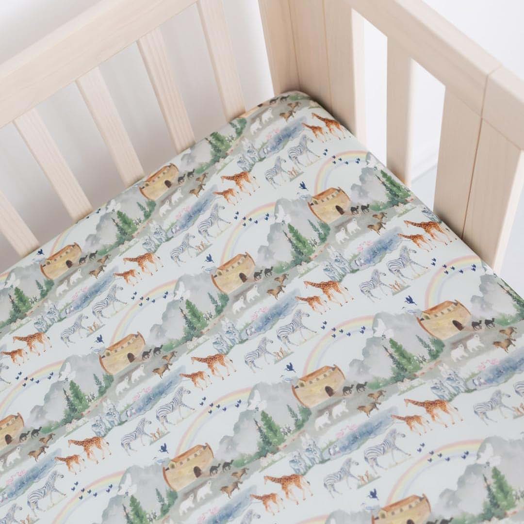 Tiny Revival Noah’s Ark Crib Sheet in Blue Bamboo Lyocell