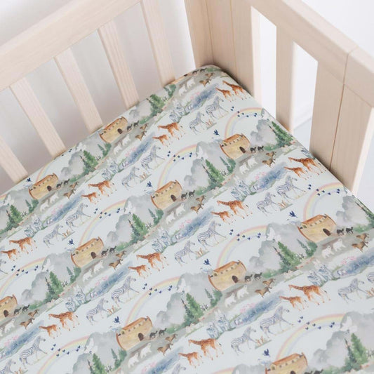 Tiny Revival Noah’s Ark Crib Sheet in Blue Bamboo Lyocell