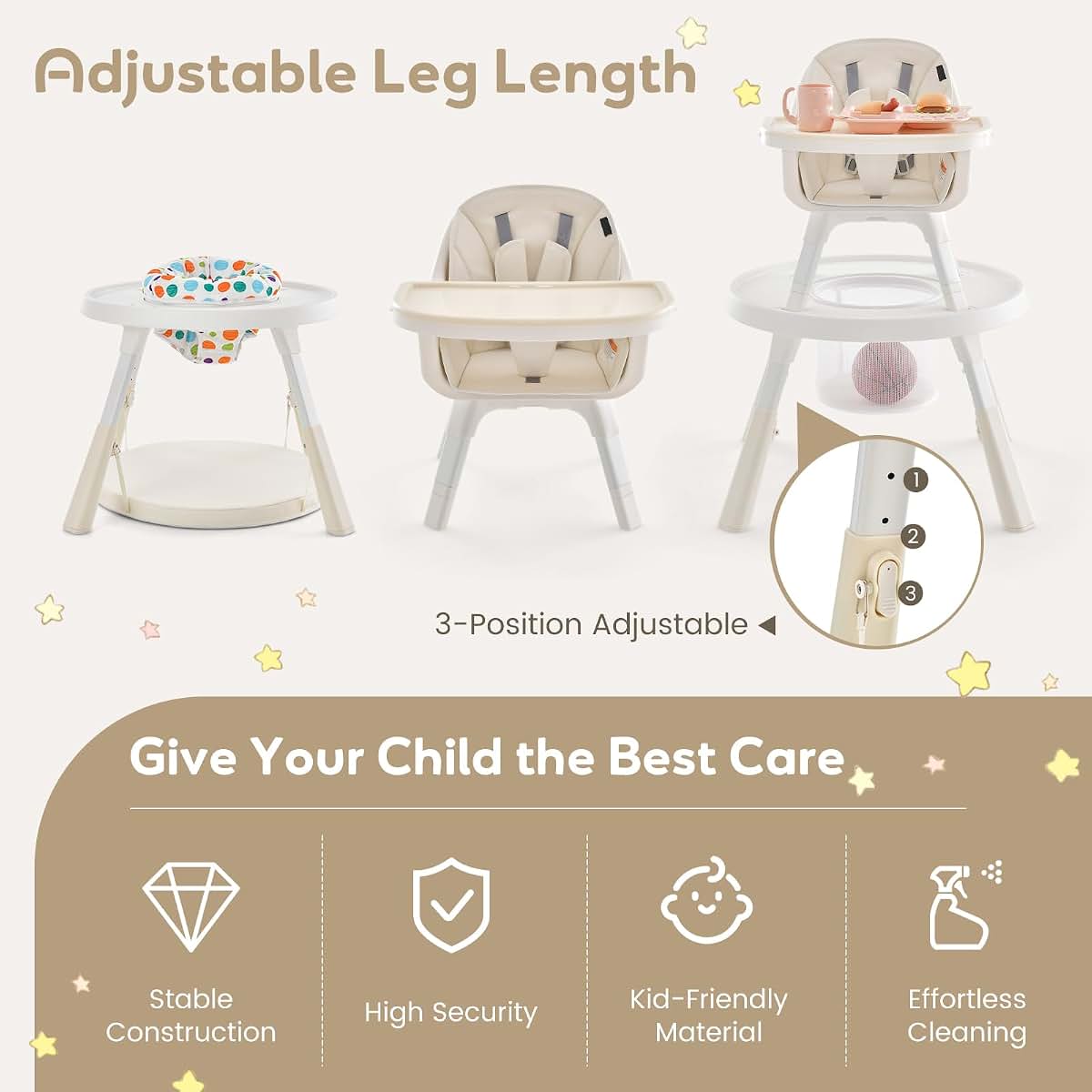 HONEY JOY 7-in-1 Convertible Baby High Chair with Adjustable Tray and Removable Cushion, Beige