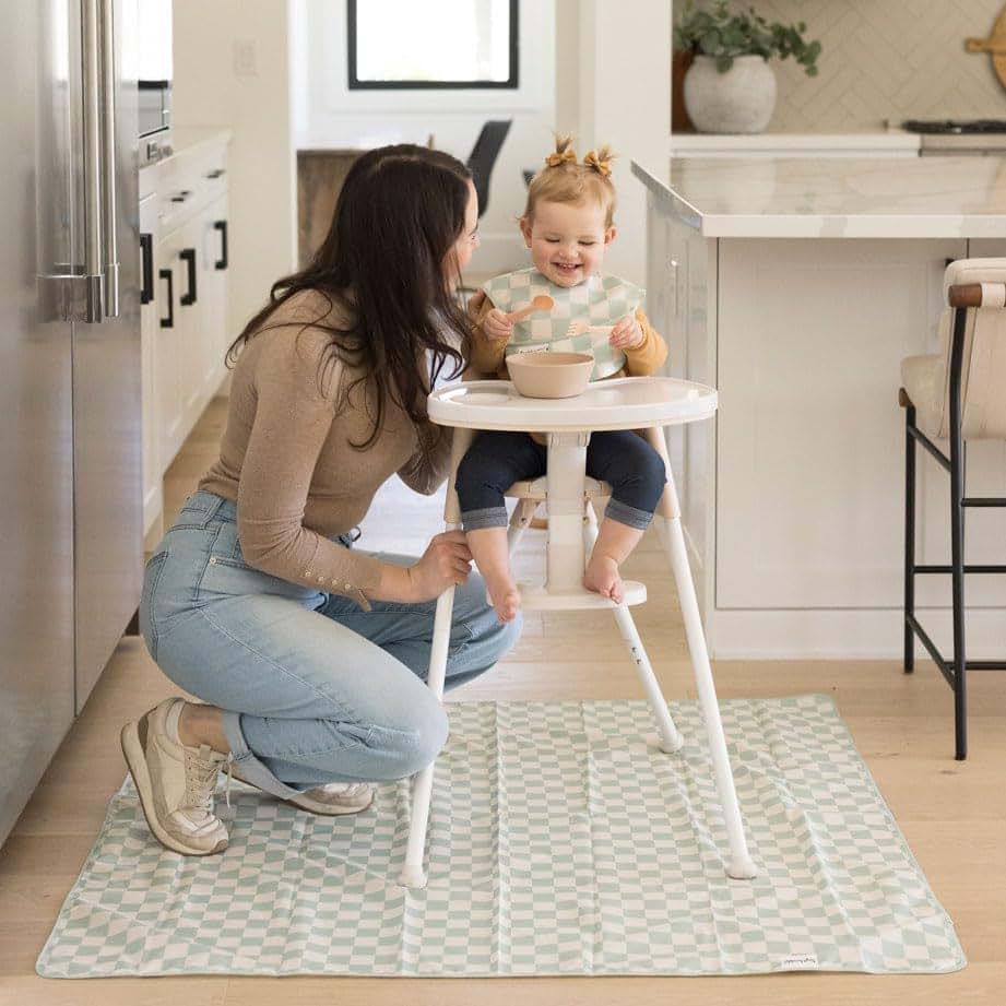 Tiny Twinkle Splat Mat for Under High Chair or Table, 51 x 51 Inch Waterproof Sage Checkers
