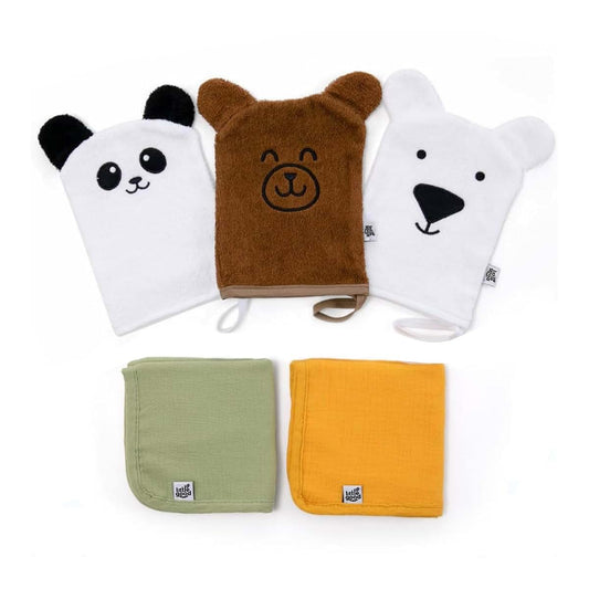 LITTLE GOOD VENTURES Baby Washcloth Set with 3 Bear Wash Mitts and 2 Soft Washcloths - Baby Bath - Infants and Toddlers