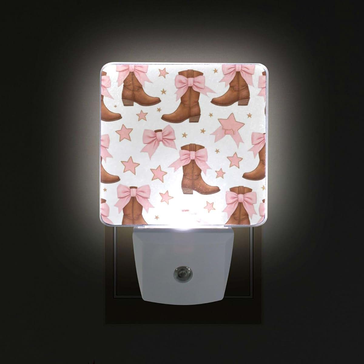Aslsiy Cowgirl Boots LED Night Light with Pink Bow, 2-Pack Plug-in Dusk to Dawn Sensor