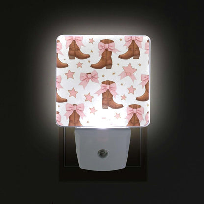 Aslsiy Cowgirl Boots LED Night Light with Pink Bow, 2-Pack Plug-in Dusk to Dawn Sensor