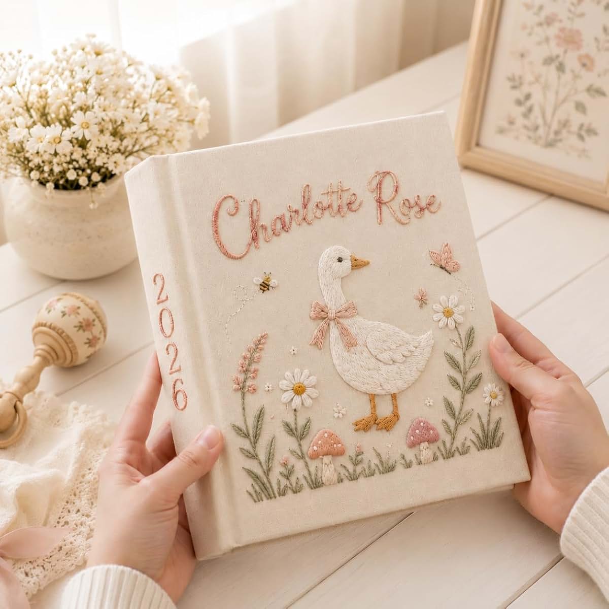 MDPrints Global Personalized Baby Photo Album, Hand Embroidered First Year Keepsake Book (Album 1)