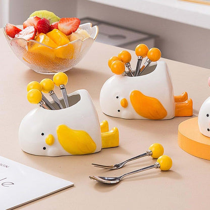 Royal Shang Youpin Duck Ceramic Storage Jar And Fruit Fork Set (photo 3)