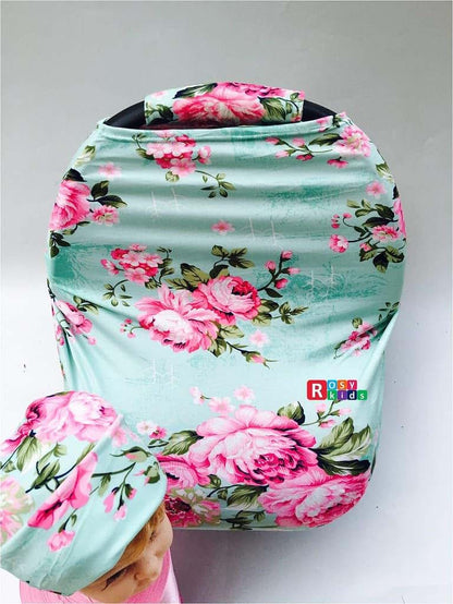 9-Piece Infant Car Seat Cover Set with Canopy, Blanket, Hat and Nursing Scarf - Pink Peony