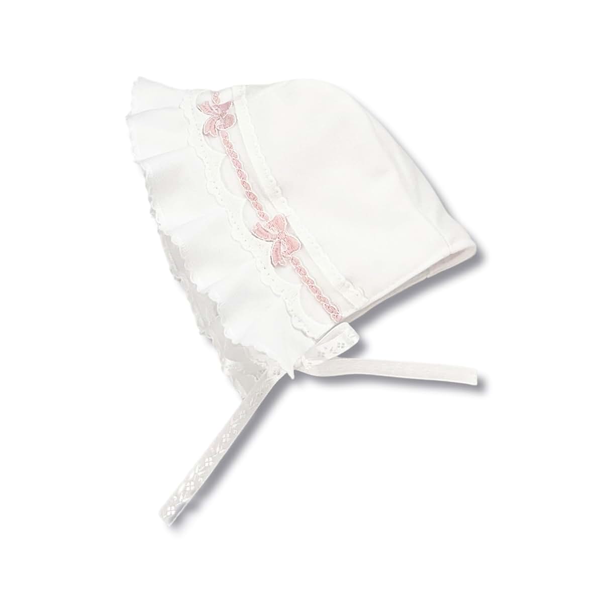 MEG ORIGINAL Baby Girl Blanket & Bonnet Gift Set- Heirloom Collection - White with Pink Bows, Handmade in The USA (photo 4)