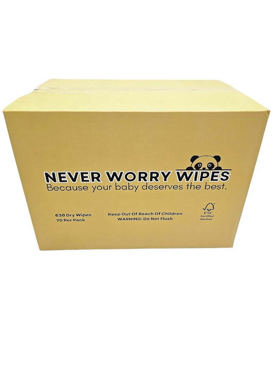 Never Worry Wipes- Dry Baby Wipes- 100% Bamboo- Unbleached-Soft and Absorbent-Strong and Durable-Preservative Free