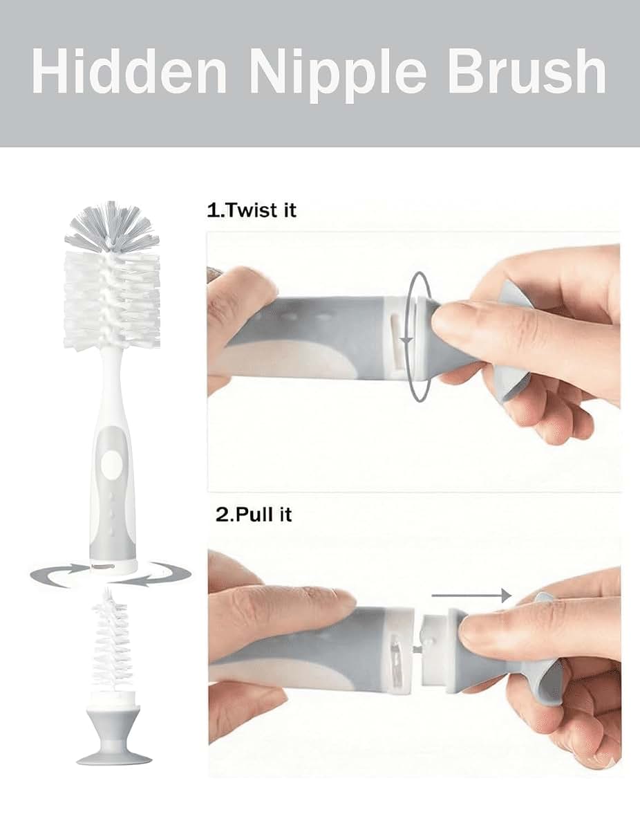 Anivona Baby Bottle Brush Set with Suction Base and Hidden Cleaner in Gray (photo 4)