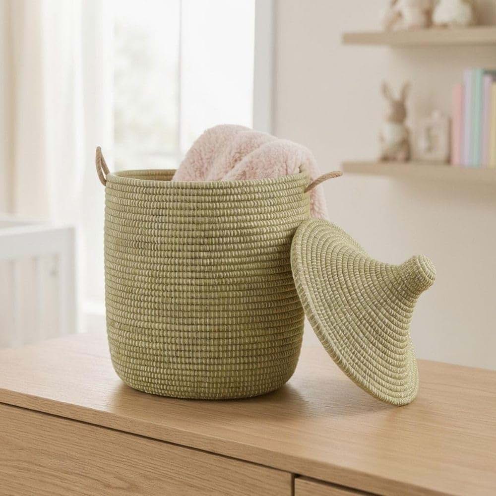 Senegalo Small Beige African Basket with Lid, Handwoven Wicker Storage, 12" Wide x 14" Tall
