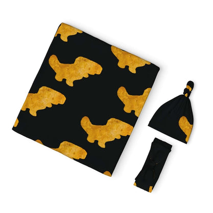 Lbdrdy Cute Dinosaur Chicken Nuggets Newborn Swaddle Blanket Set with Headband and Beanie Hat Baby Receiving Nursery