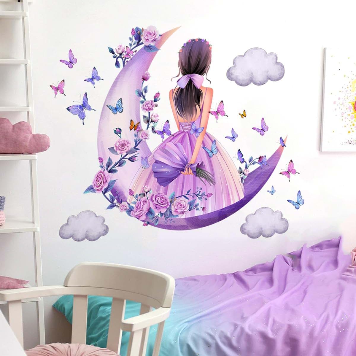 Vinyl Wall Art Sticker Set | Purple Moon & Floral Design Decor