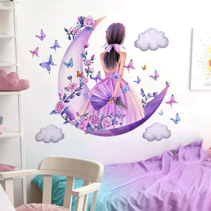 Vinyl Wall Art Sticker Set | Purple Moon & Floral Design Decor