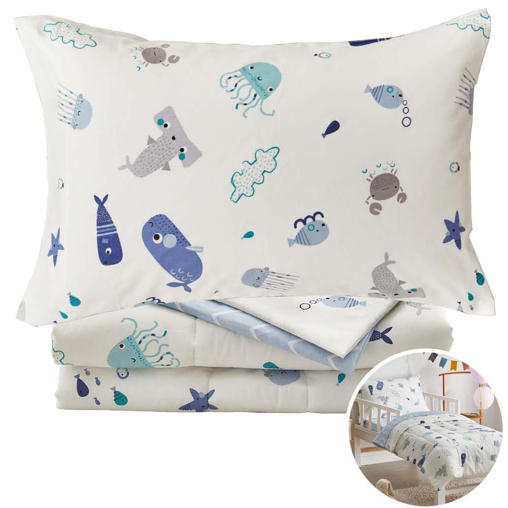 Joyreap 4 Piece Cotton Toddler Bedding Set with Ocean Animal Print