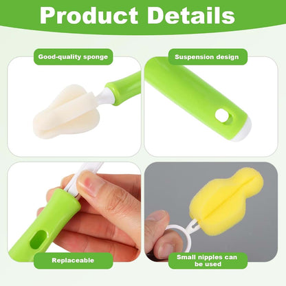 Goktvai 12pcs Sponge Bottle Nipple Brushes With 4 Replacement Heads