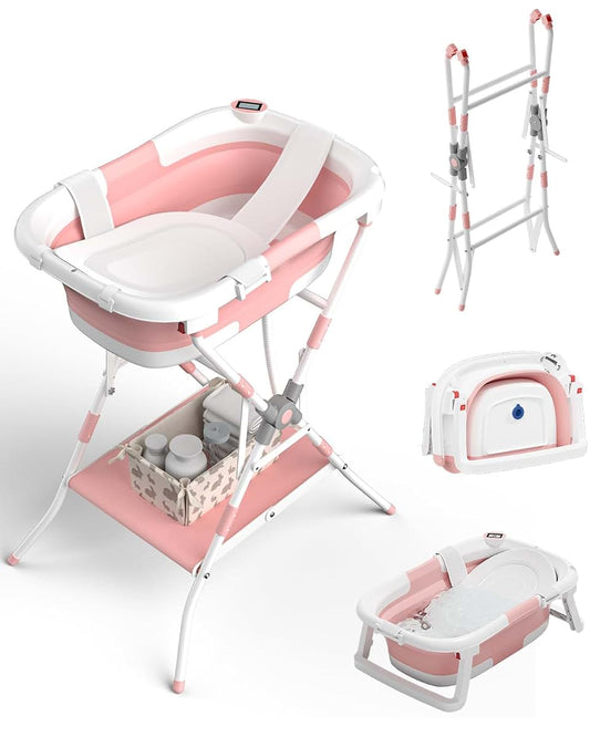 BALLA BALEIN Baby Bathtub with Stand, 2-in-1 Collapsible Bath Tubs for Newborn to Toddler, Infant Bathtub with Folding