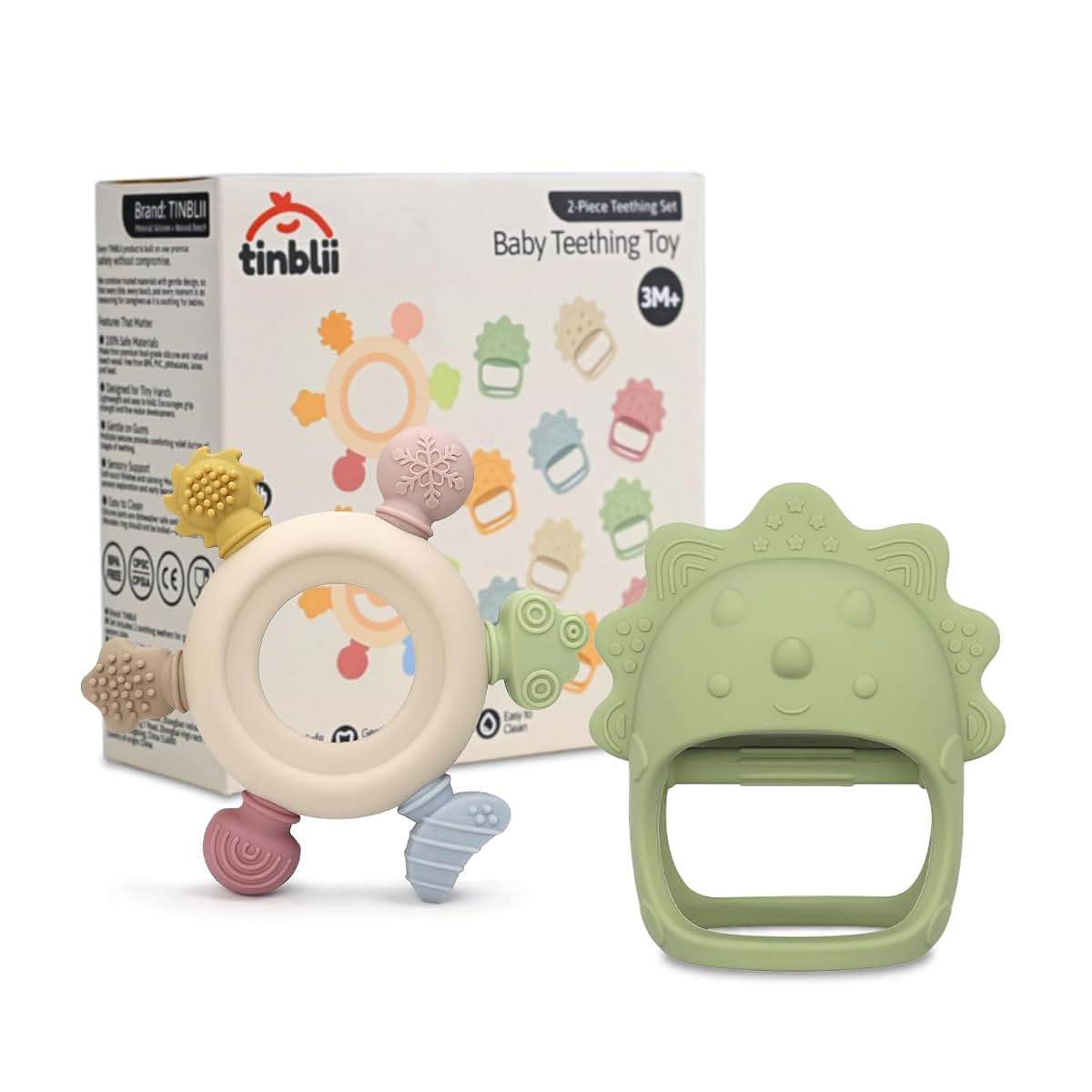 TINBLII Baby Teething Toys 2 Pack, Dinosaur Mitten Teether and Ring Sun Teether with 6 Chewing Points, Silicone Chew